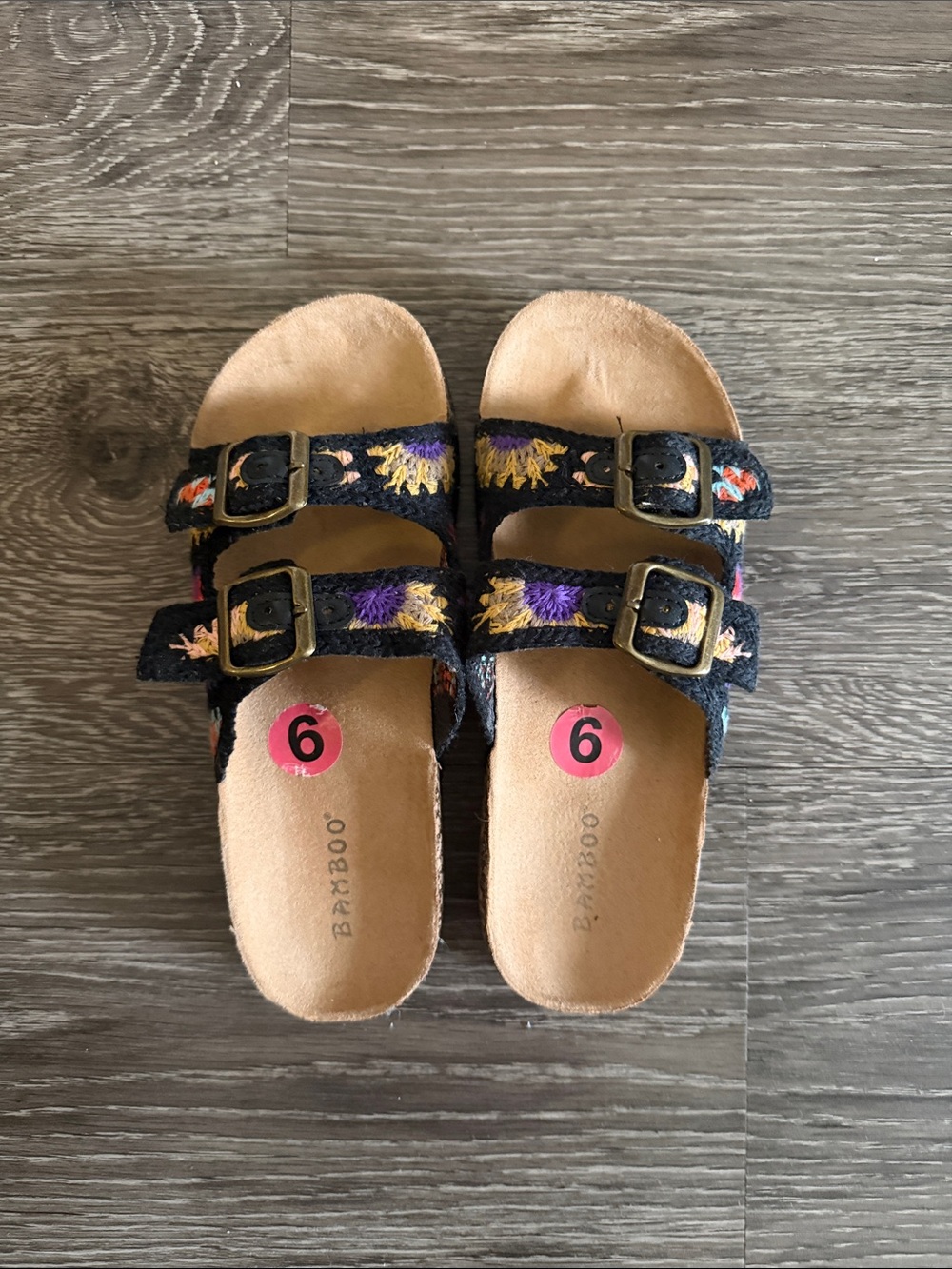 BAMBOO Black Floral Embroidered Double-Buckle Sandals